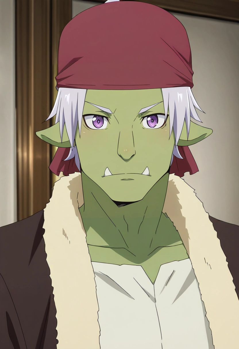 masterpiece, best quality, intricate details, anime screencap, anime coloring, official style, looking at viewer, 1boy, solo, male focus, <lora:rigur_tensura_ilxl:0.9>, rigur_tensura, grey hair, purple eyes, pointy ears, colored skin, green skin, goblin, bandana, tusks, ponytail,