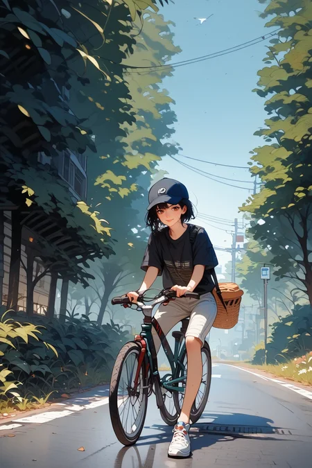 score_9, score_8_up, score_7_up, score_6_up, score_5_up, score_4_up, source_anime, 1girl, solo, 18yo, (slim face:1.5), (bangs:1.2), skinny, thin body, wide hips, thin thighs,
<lora:age_slider_v4:2> <lora:Expressive_H:1><lora:Kenva:0.8> <lora:naipf:0.6>
ground vehicle, bicycle, tree, outdoors, road, black hair, short hair, brown eyes, white baseball cap, light smile, bangs, day, bicycle basket, pants, pavement, riding, solo focus, shoes, street,