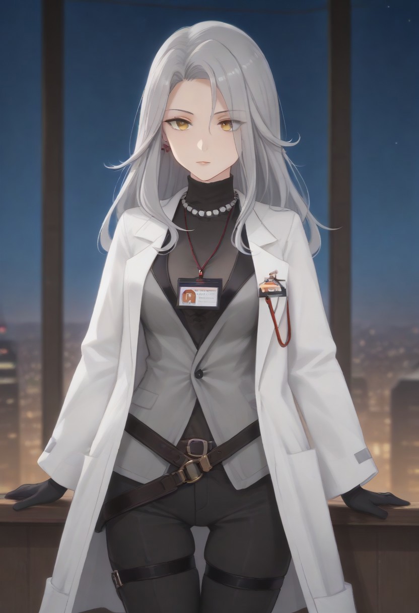 LadyGrey, long hair, labcoat, black gloves, grey hair, pearl necklace, white coat, black pants, id card, yellow eyes, long sleeves, earrings, shirt, open clothes, turtleneck, grey jacket,  black shirt,  thigh strap, belt,
looking at viewer, 
indoor, window, city, neon lights, dark, night, night sky, 
1girl, solo, solo focus, highres, absurdres, light particles, backlighting, shade, lens flare, shiny skin, fine fabric emphasis,