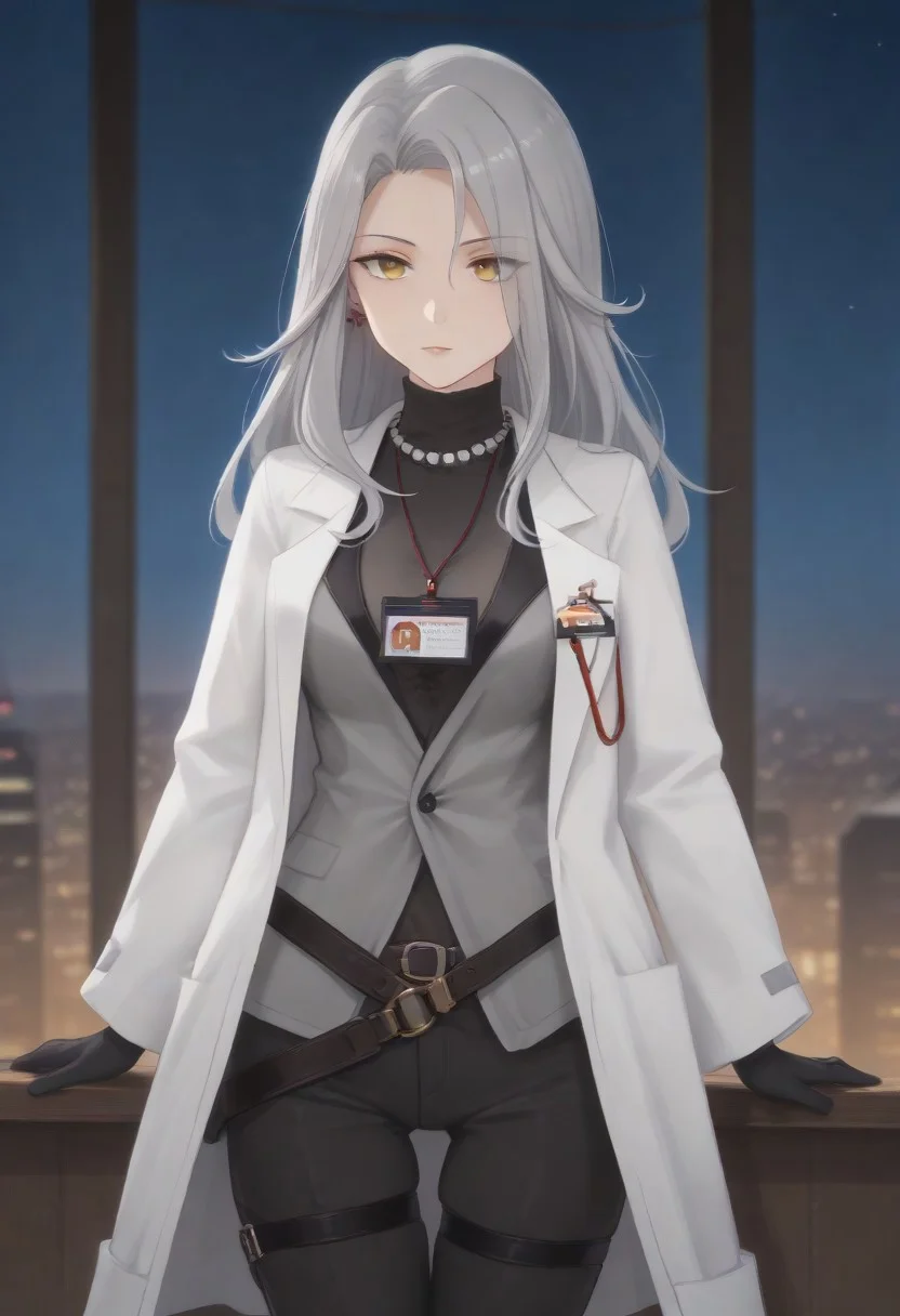 LadyGrey, long hair, labcoat, black gloves, grey hair, pearl necklace, white coat, black pants, id card, yellow eyes, long sleeves, earrings, shirt, open clothes, turtleneck, grey jacket, black shirt, thigh strap, belt,
looking at viewer,
indoor, window, city, neon lights, dark, night, night sky,
1girl, solo, solo focus, highres, absurdres, light particles, backlighting, shade, lens flare, shiny skin, fine fabric emphasis,