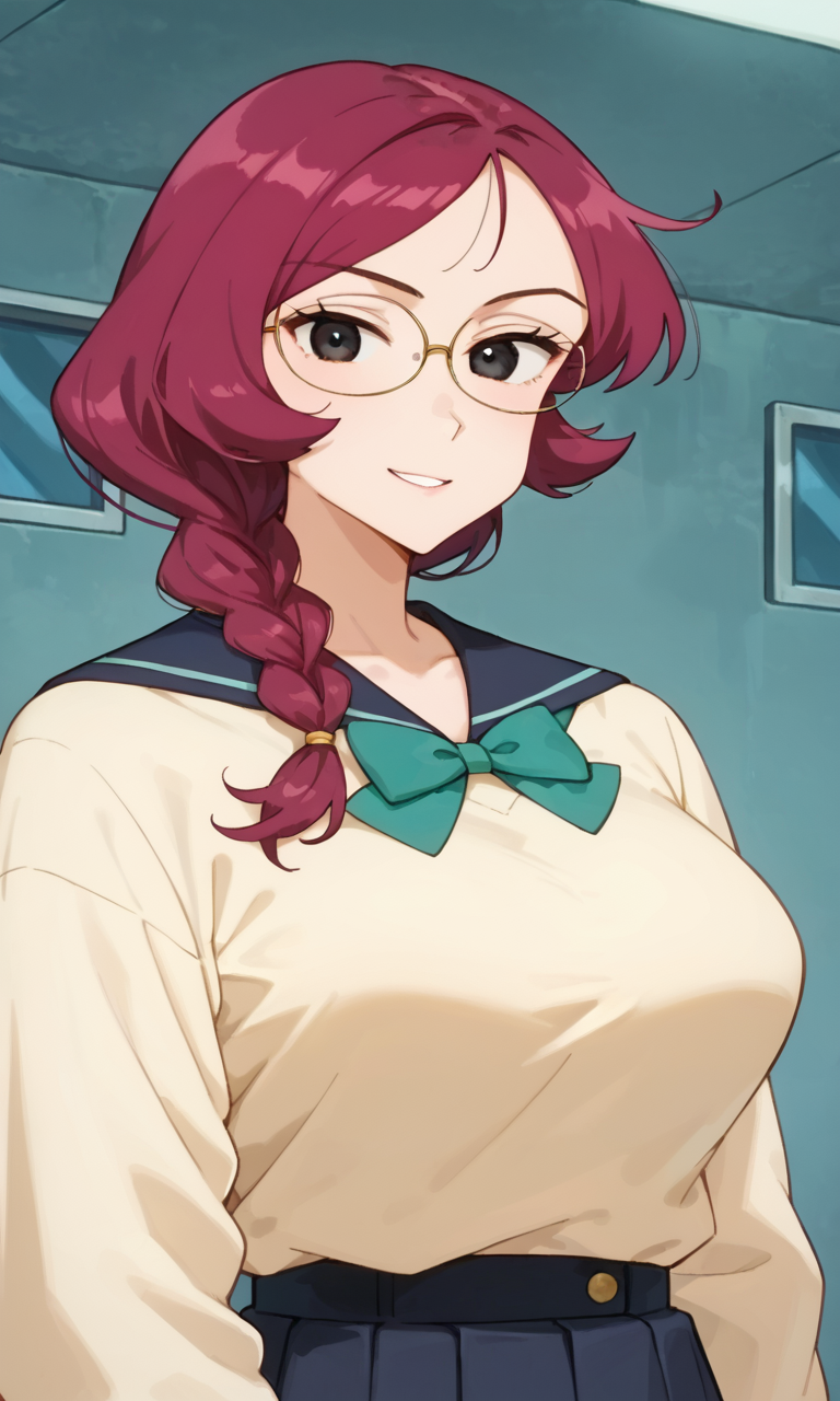 (1girl:1.5), (solo:1.3), (score_9, score_8_up, score_7_up, score_6_up, score_5_up, score_4_up), (source_anime), rating_questionable, looking at viewer, (upper body:1.3), indoors,smirk, 
 (yellow sweater, oversized clothes, long sleeves, blue sailor collar, green bowtie, blue skirt, pleated skirt, miniskirt, white socks, black footwear), (large breasts), <lora:kannazuki-sheila-school_v2-16:0.8> (kannazuki-sheila), (oval glasses, black eyes, eyelashes, magenta hair, long hair, single braids, parted bangs), (bob bangs, flipped hair, parody hair:1.4)