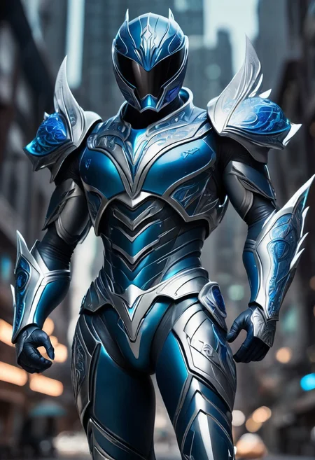 The Blue Power Ranger's helmet is dolphin-inspired with a dark visor and fin-like protrusions. The suit is deep ocean blue with silver accents, a stylized emblem on the chest, flexible arms, and wave-like patterns on the legs. Gloves are light blue with silver tips, and boots are sturdy. cyberpunk art style, Shounen Anime Style, cyberpunk alien city background, full--body, highly--detailed, bokeh--focus, soft Analogous colors, extremely wide-angle, FastNegativeV2, <lora:fightingpose:0.7> fighting pose
