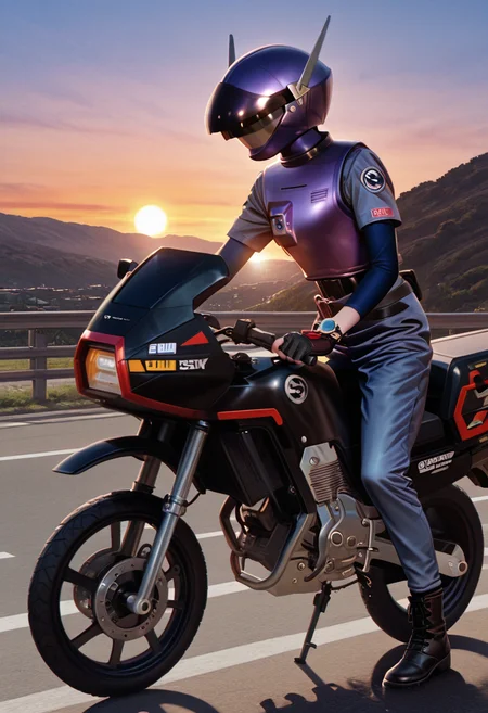 cinematic, 1girl, solo, tokusatsu, female focus, purpl3sw4t, helmet, closed_visor, purple_turtleneck, purple_armor, uniform_shirt, blue_sleeves, watches, fingerless_gloves, belt, holster, uniform_pants, boots, riding, PS_motorbike, side view, from side, white_box, outdoor, sunset, road,