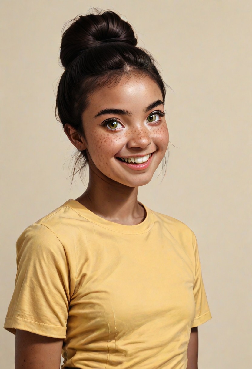 score_9, score_8_up 
BREAK 
1girl, (dark skin:0.4), prettyface, Manic Pixie, dark hair, hairbun, freckles, cute smile, yellow t-shirt, friendly, seductive, (girl next door:1.5), teeth visible 
BREAK 
FOV medium shot, simple background