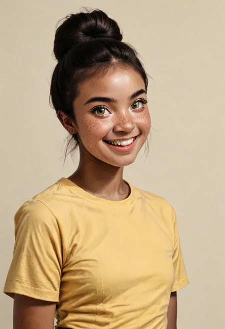 score_9, score_8_up
BREAK
1girl, (dark skin:0.4), prettyface, Manic Pixie, dark hair, hairbun, freckles, cute smile, yellow t-shirt, friendly, seductive, (girl next door:1.5), teeth visible
BREAK
FOV medium shot, simple background