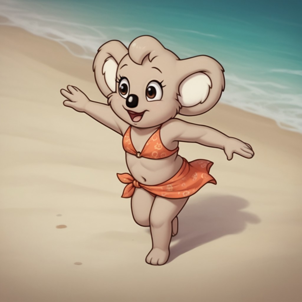 score_9, score_8_up, score_7_up, score_6_up, score_5_up, score_4_up, source_furry, Nutsybbv2, semi-anthro, female, Koala, tan fur,  barefoot, sarong pass bikini, at the beach, happy