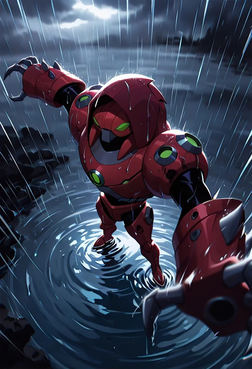 masterpiece, best quality, amazing quality, very aesthetic, absurdres, newest,, detailed background,
waterhazard, solo, red armor, red hood up, , helmet, mecha, alien, claws, green eyes
heavy rain, dark sky, grey sky, wide spread arms, enjoying the rain, from above, puddles of water, rain puddles, water droplets on camera, camera lens blur, depth of field, foreground blur, wet lens,