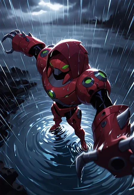 masterpiece, best quality, amazing quality, very aesthetic, absurdres, newest,, detailed background, 
waterhazard, solo, red armor, red hood up, , helmet, mecha, alien, claws, green eyes
heavy rain, dark sky, grey sky, wide spread arms, enjoying the rain, from above, puddles of water, rain puddles, water droplets on camera, camera lens blur, depth of field, foreground blur, wet lens,