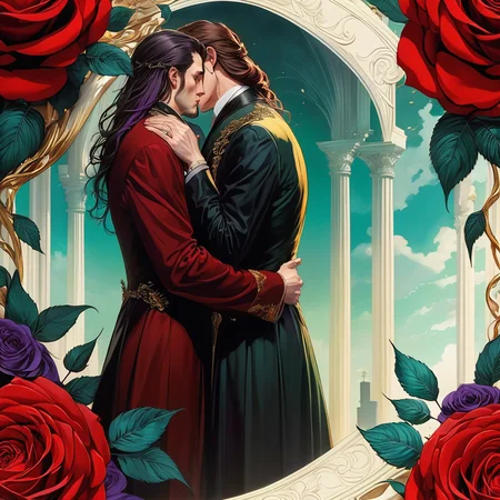 two men embrace, one with long hair, one with short hair, tragic romance, front to back, looking away from each other, sad, downturned faces, tears, gothic, tragic romance, gay, gorgeous, cinematic, intricate, Art Nouveau roses and vines border, broken hearts, sorrow, tears, broken, concept art, oil painting, vivid colors, red, black, green, brown, white, yellow, purple, teal,  <lora:add-detail-xl:1> intricate,