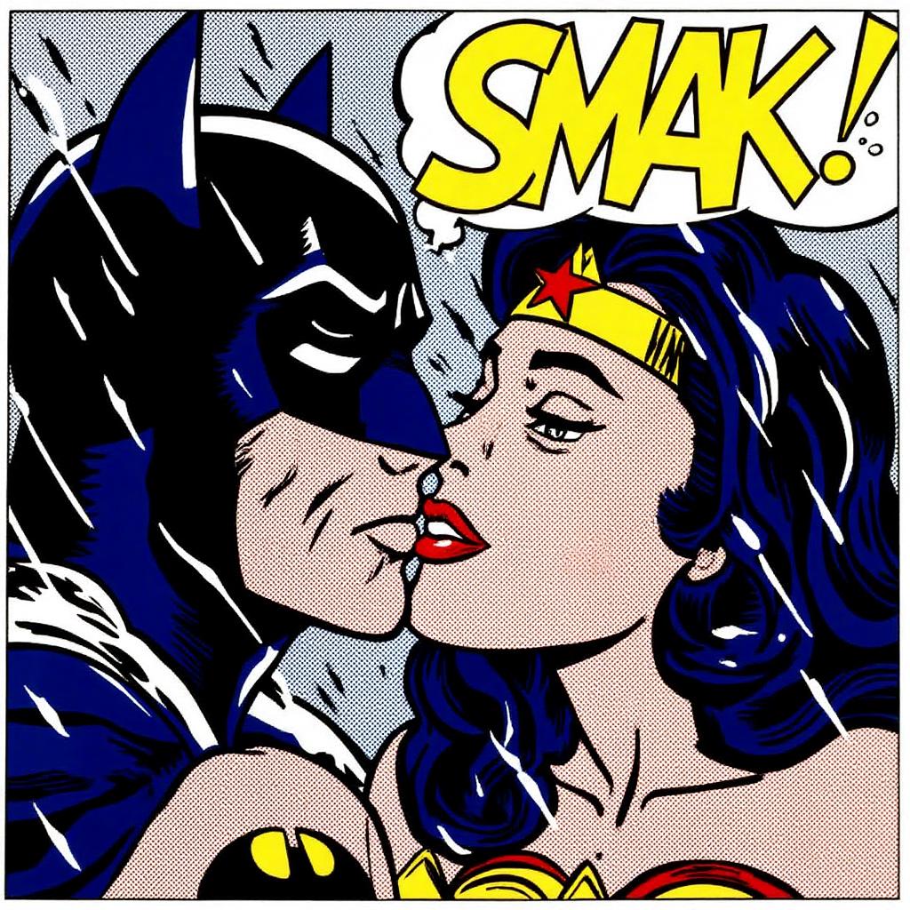 lichtenstein1 illustration. Bat and Wonder Woman kissing in the rain. Comic book style sound effect "SMACK!" in big yellow letters. <lora:lichtenstein1_cap_d6a3e8:1.0><lora:836264698711211406:0>