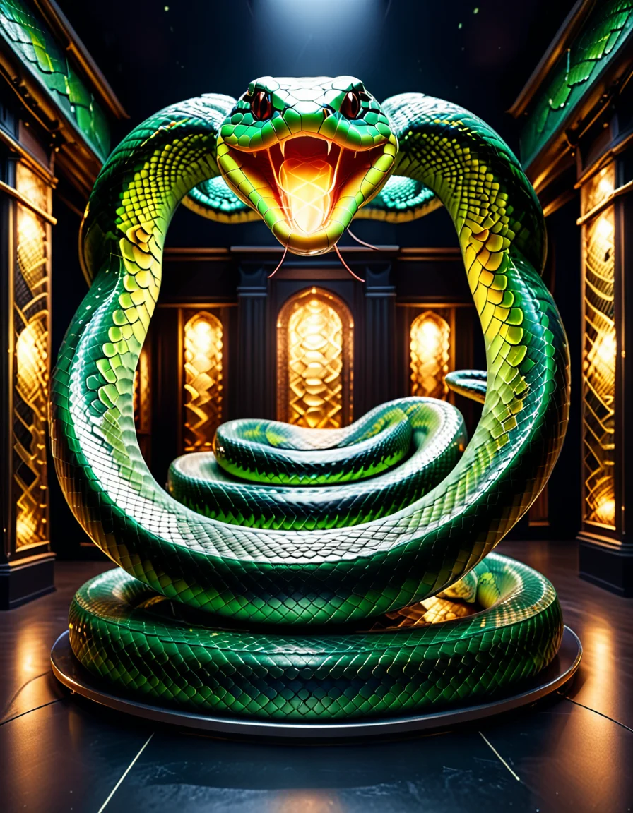 "A giant snake-shaped scale installation, with living, morphing scales on the weighing plates, each object placed altering the color and texture of the scales, revealing philosophical messages, surreal and mystical lighting in a dimly lit exhibition hall, hyper-detailed scales with intricate textures, profound and contemplative atmosphere, blending technology and symbolism." <lora:SDXLFaeTastic2400:0.4> <lora:extremely_detailed:0.4> extremely detailed, <lora:sn4ke:1>,sn4ke, Masterpiece,best quality,hi res,8k,hi res,8k,award winning,(sharp focus, intricate, highly detailed),