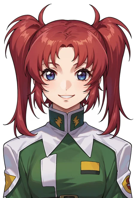 score_9,score_8_up,score_7_up,score_6_up,score_5_up,score_4_up,anime coloring,source_anime,<lora:Meyrin_Hawke_SEED_Destiny_Pony:0.8>,meyrin,1girl,solo,blue eyes,red hair,twintails,green jacket,belt,smile,simple_background,portrait,upper body,looking at viewer,