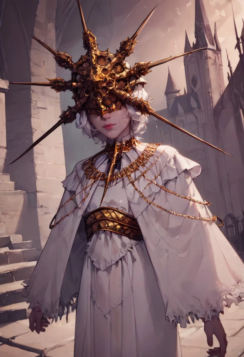 score_9,score_8_up,score_7_up,score_6_up,
Gwyndolin,white hair,flat chest,gold mask,covered eyes,
gold jewelry,white dress, Hourglass body, huge breasts,long sleeves,light smile,
cathedral,moonlight,
standing,upper body,
<lora:Gwyndolin:1>,