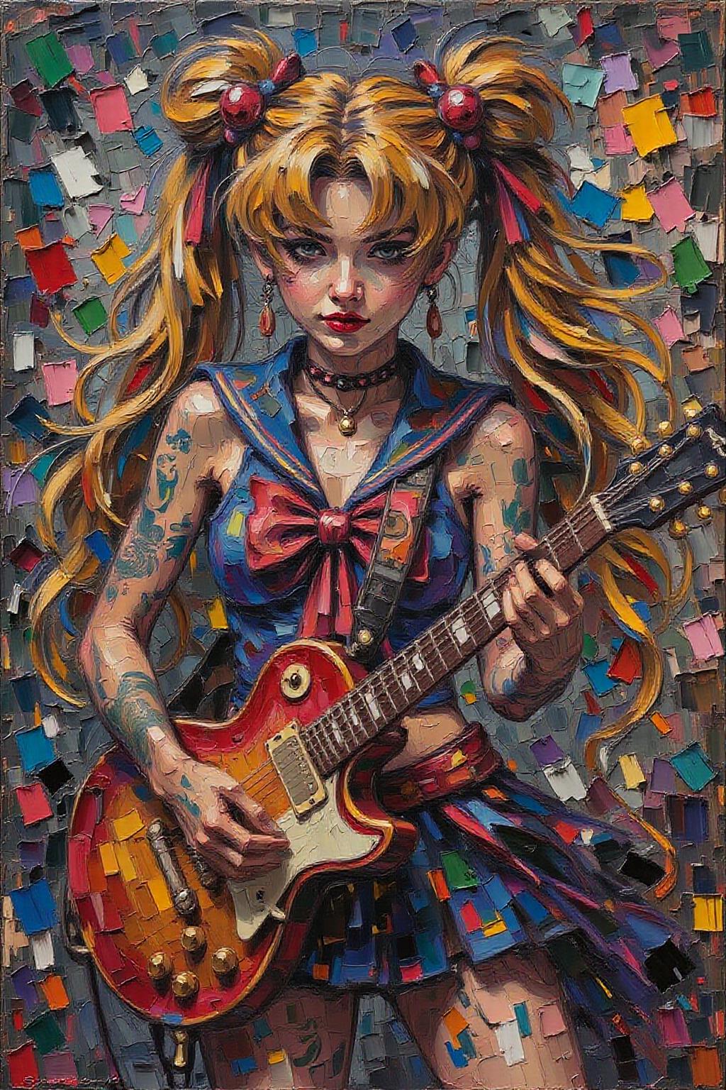 impasto oil painting. punk sailor moon playing a guitar at a heavy metal mosh pit, tattoos, pearcing  <lora:impasto5_nocap_d6a3:1.0> <lora:Flux-Sch-SingleBlocks-BF16:1.0><lora:803884274546717264:0>