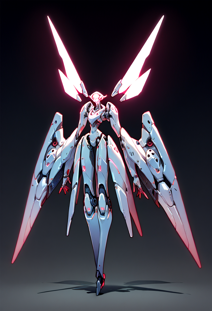 Score_9, score_8_up, score_7_up, score_6_up,  source_anime, 1girl, solo, mechanical, full body, black backdrop, mecha, neon trim, glowing parts, glowing eyes,  huge wings, angel, <lora:cool_ASF_mecha_MIX:1>