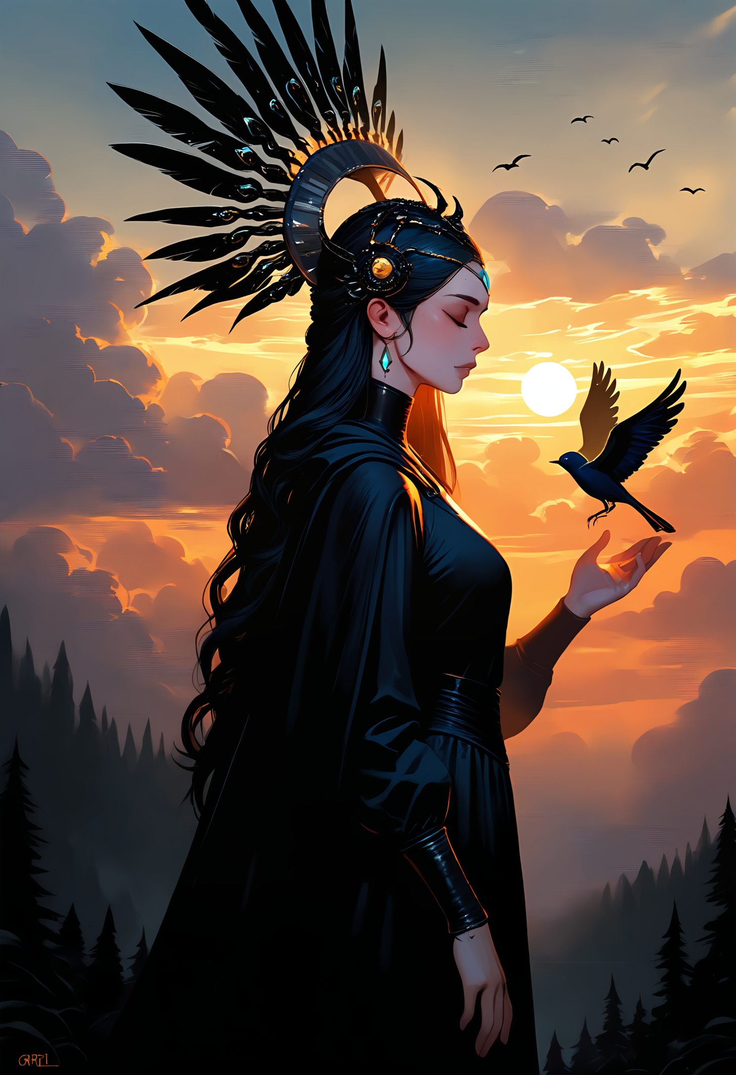 masterpiece, best quality, good quality, very awa, very aesthetic, absurdres, newest, 1girl, solo, long_hair, long_sleeves, dress, closed_mouth, jewelry, closed_eyes, outdoors, sky, cloud, black_dress, cape, from_side, lips, profile, bird, cloudy_sky, feathers, gem, nature, sunset, black_cape, sun, headdress, forehead_jewel, ink drawing, opill, gr4ph1t3,