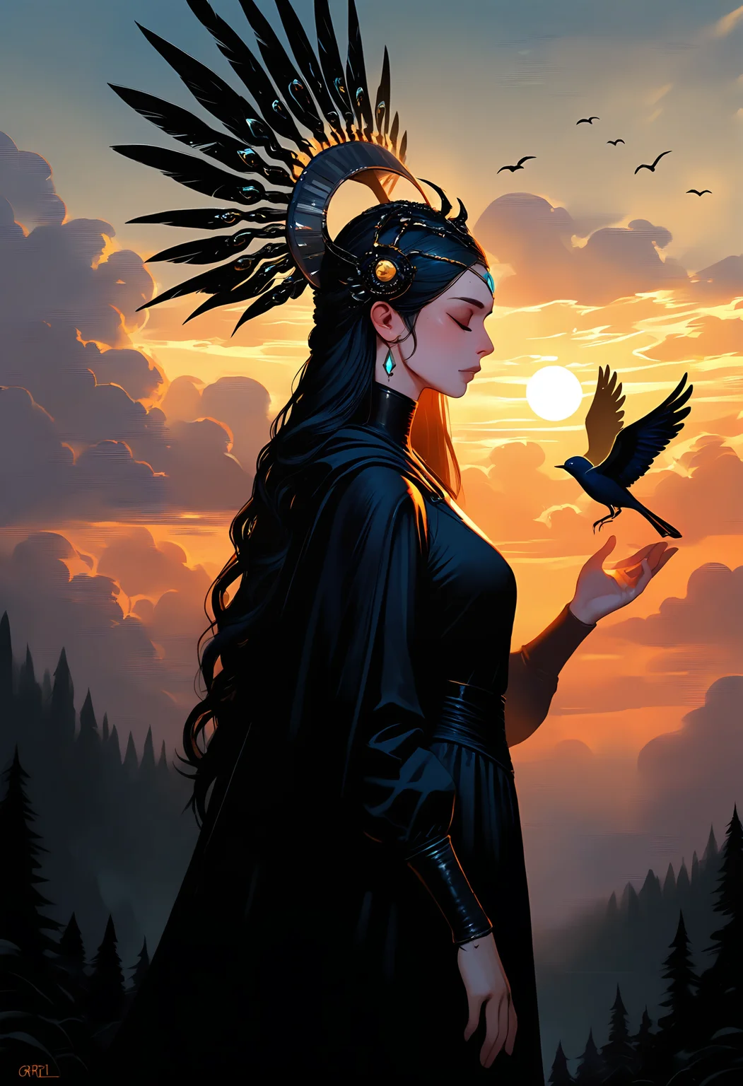 masterpiece, best quality, good quality, very awa, very aesthetic, absurdres, newest, 1girl, solo, long_hair, long_sleeves, dress, closed_mouth, jewelry, closed_eyes, outdoors, sky, cloud, black_dress, cape, from_side, lips, profile, bird, cloudy_sky, feathers, gem, nature, sunset, black_cape, sun, headdress, forehead_jewel, ink drawing, opill, gr4ph1t3,