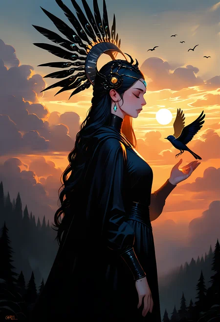 masterpiece, best quality, good quality, very awa, very aesthetic, absurdres, newest, 1girl, solo, long_hair, long_sleeves, dress, closed_mouth, jewelry, closed_eyes, outdoors, sky, cloud, black_dress, cape, from_side, lips, profile, bird, cloudy_sky, feathers, gem, nature, sunset, black_cape, sun, headdress, forehead_jewel, ink drawing, opill, gr4ph1t3,