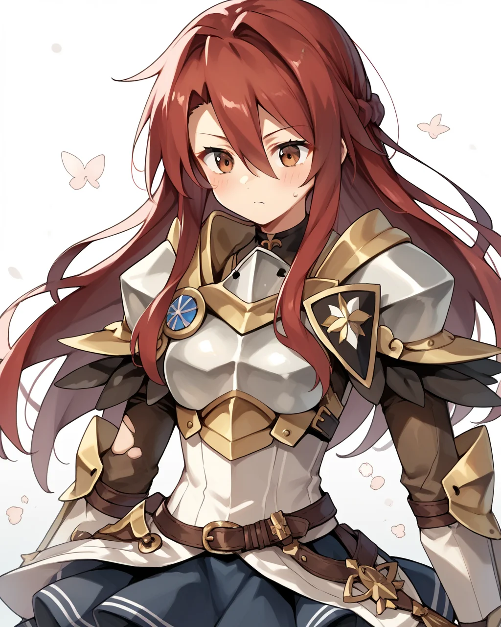 score_9, score_8_up, score_7_up, score_6_up, score_5_up, score_4_up, BREAK source_anime,<lora:add-detail-xl:1>,<lora:Expressive_H:1>,
<lora:Raquna Sheldon_PONY:1>,raquna sheldon, 1girl, solo, red hair, long hair, hair between eyes,brown eyes, armor, shoulder armor, breastplate, pantyhose, skirt,