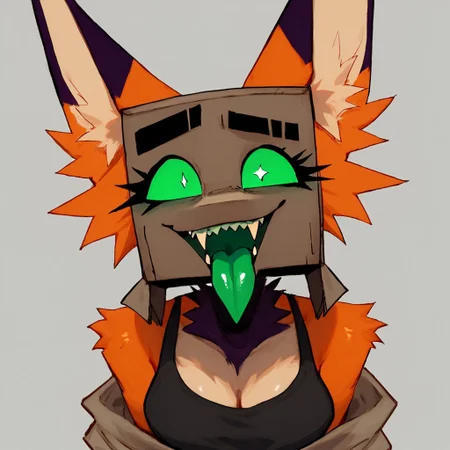 score_9, score_8_up, score_8_up, foxiboxi,box head,fox,green sclera,1girl,solo, showing fangs