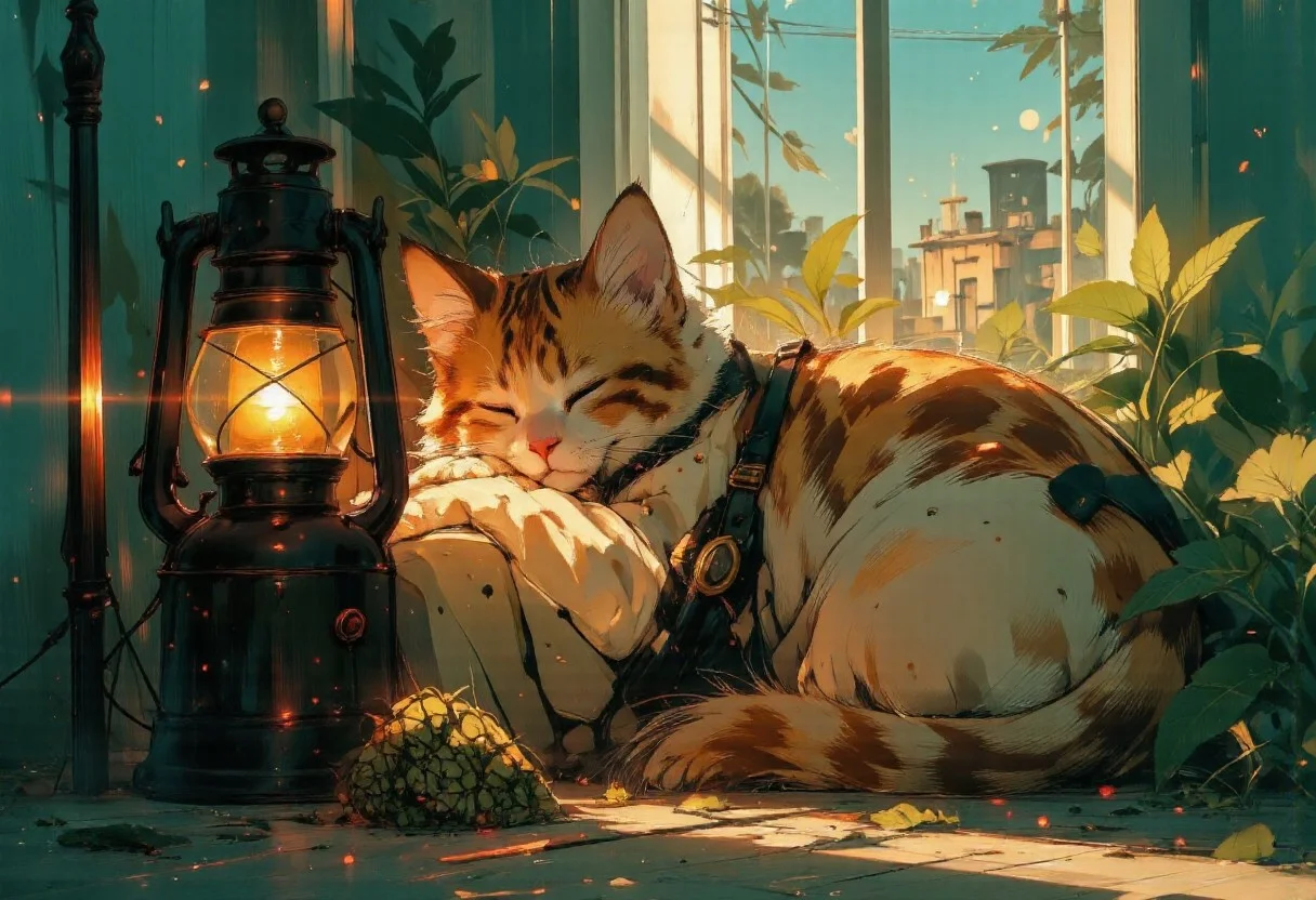 Cute anime cat sleeping in a glass, soft pastel background. Lush, high-def photo of Tangilope marijuana, vibrant orange buds, emerald leaves, glistening trichomes, vivid details, suggesting citrus & tropical notes. This image features a cozy, curled-up, fluffy orange cat sleeping peacefully. The cat has large ears and a relaxed expression, with its eyes closed. Next to the cat is an antique-style lantern, glowing softly with a warm orange light. The background is a textured blue, enhancing the tranquil atmosphere, and there are subtle green leaves in the composition, adding a touch of nature. Overall, it evokes a sense of warmth and calm.