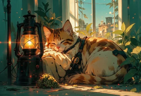 Cute anime cat sleeping in a glass, soft pastel background. Lush, high-def photo of Tangilope marijuana, vibrant orange buds, emerald leaves, glistening trichomes, vivid details, suggesting citrus & tropical notes. This image features a cozy, curled-up, fluffy orange cat sleeping peacefully. The cat has large ears and a relaxed expression, with its eyes closed. Next to the cat is an antique-style lantern, glowing softly with a warm orange light. The background is a textured blue, enhancing the tranquil atmosphere, and there are subtle green leaves in the composition, adding a touch of nature. Overall, it evokes a sense of warmth and calm.