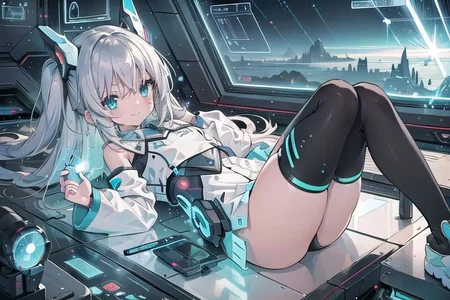 (masterpiece), (science fiction:1.4), 1girl, lying on the back on a mirror, lying on the back on a mirror, lying on the back on a mirror, smile, silver hair, aqua eyes, headgear, long sleeves, detached sleeves, glowing energy clothing, light particles, energy particles, perfect hands, perfect legs