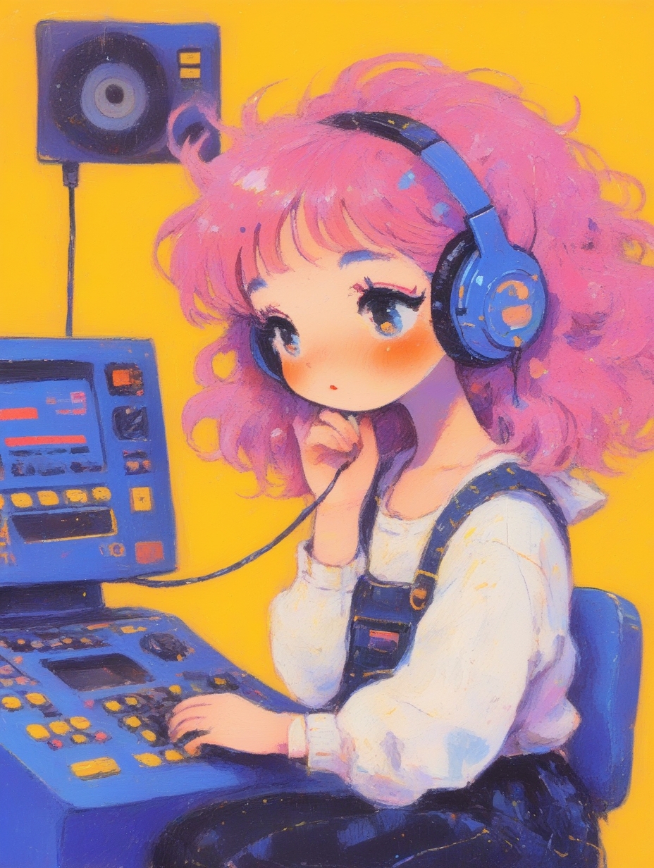 A girl with pink hair wearing headphones operates a machine from the 1980s, yellow background,<lora:J_oil_pastels:0.8>,j_fantasy,