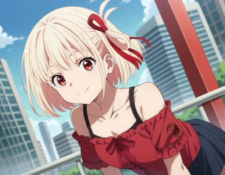 score_9, score_8_up, score_7_up, source_anime,
chisatonishikigi, <lora:chisato-nishikigi-s1-ponyxl-lora-nochekaiser:1>,
chisato nishikigi, short hair, bangs, blonde hair, red eyes, hair ribbon, one side up, bob cut,
shirt, bare shoulders, twintails, collarbone, hair ribbon, white shirt, frills, off shoulder, red ribbon, short twintails, off-shoulder shirt, frilled shirt, skirt,
outdoors, cityscape, smile, bent over,
looking at viewer, dutch angle, cowboy shot,