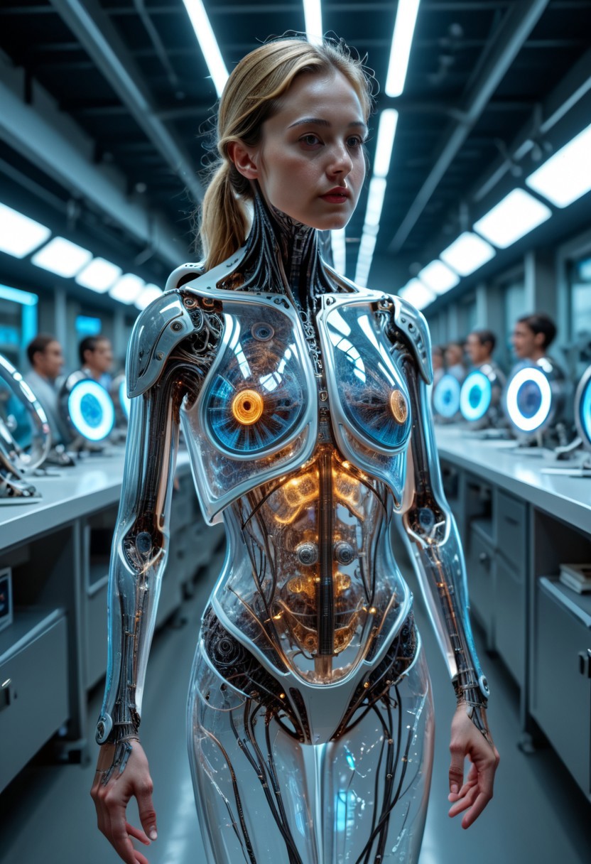 BODY SHOT, extremely detailed, 8k, BEAUTIFUL BLONDE FEMALE ANDROID, IN A HIGH TECH FUTURISTIC LABORATORY, LEDS, BIOMECHANICAL BODY PARTS, (TRANSPARENT ULTRA DETAILED BODY shell:1.5) SHOWING blue and gold CIRCUITRY shining bright INSIDE THE BODY, Detailed hand, (DYNAMIC POSES :1.5),  ,EyesHD,pureerosface_v1