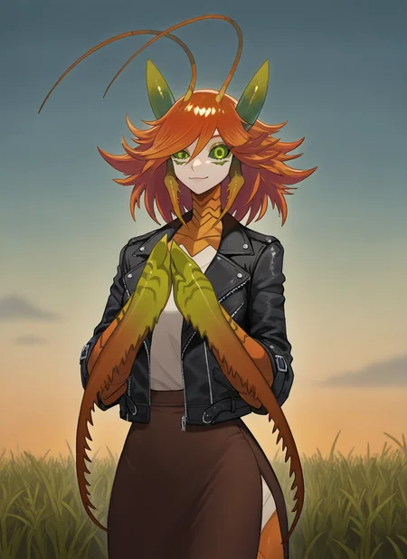 artist:, masterpiece, best quality, newest, very awa, absurdres, highres, mnts, 1girl, wink, orange skin, orange carapace, green eyes, Messy Side Swept  hair, orange hair, black schelra, gentle smile, clothed, leather jacket, skirt, field, nature, detailed, <lora:SDXL\Illustrous\Concept\Mantis_girl_concept:1.0>