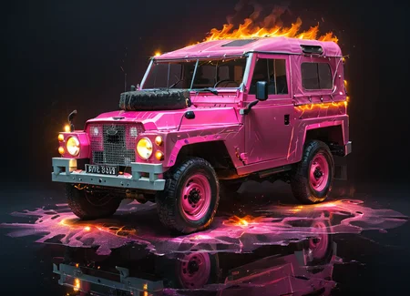 advertising poster for a pink lghtwght land rover, top down, dark background, lights, highly detailed, cinematic, colorful, reflections,  energy, engraved, fire
 <lora:Lightweight_Land_Rover_SDXL:0.7> <lora:ArtfullyME_SDXL__v1:0.7> Artme