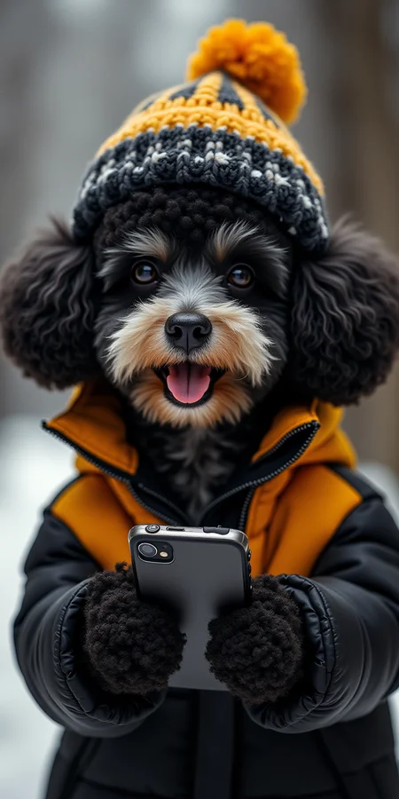 secretlab,object,a cute black and white poodle bulldog wearing a black and yellow winter jacket and toque open mouth smile holding a cell phone, glamor portrait shot

8k real-life.