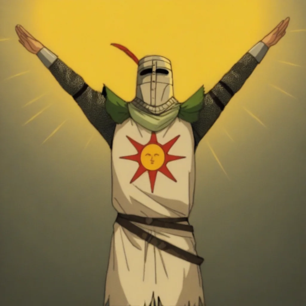 masterpiece, best quality, newest, absurdres, highres, vintage anime, 90s anime, 1boy, SOA-Praising, PraiseTS-V1.0, \o/, outstretched arms, praise the sun, arms up, SOAV1.0, helmet, SOA-Helmet, SOA-ARMOR-V1.0, armor, sun symbol, chainmail, full armor,