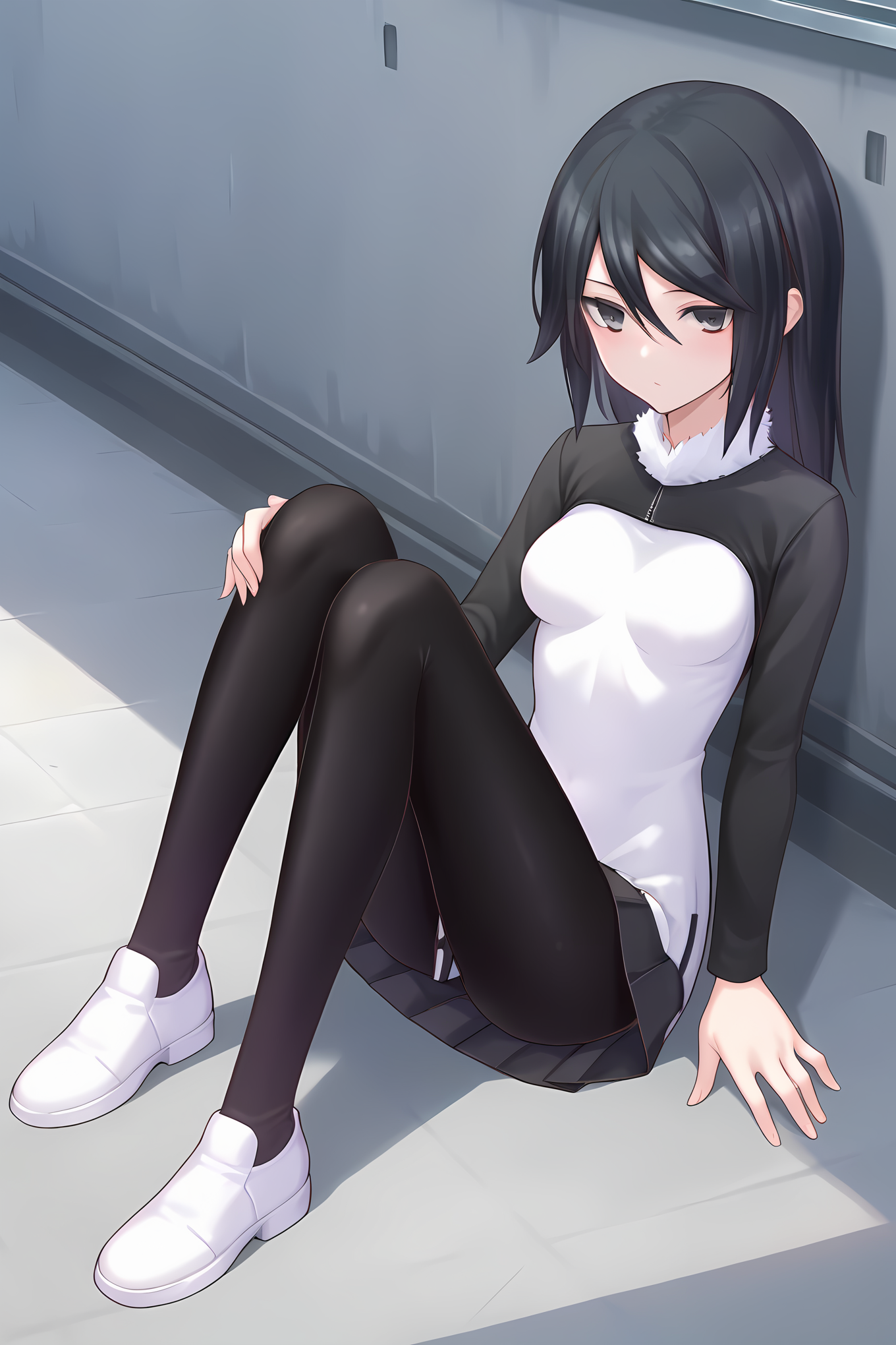 (white dress two-tone dress black sleeves raglan sleeves short dress black leggings white shoes), dsc-yuuko, black hair, medium breasts, 1girl, solo, skinny, score_9, score_8_up, score_7_up, score_6_up, score_5_up, source_anime, blush, , (1.3::full body|sitting|standing|lying|0.6::close-up| :1.20), feet, <lora:dsc-yuuko-V01-000005:1.00>
