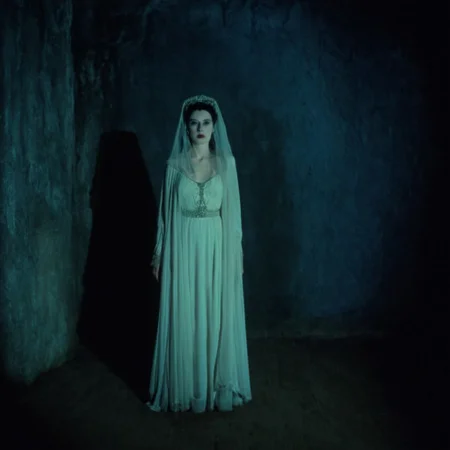 cinematic film still of <lora:brides of dracula style:1>
full shot, wide shot, 15th-century 1897 a 60yo old lady woman in a white dress and a veil posing for a picture in a dark studio room with dark blue grey background Kodak Eastman EXR 50D 5245, EXR 500T 5296 Cinematic Film in a scene from the brides of dracula style, shallow depth of field, vignette, highly detailed, high budget, bokeh, cinemascope, moody, epic, gorgeous, film grain, grainy