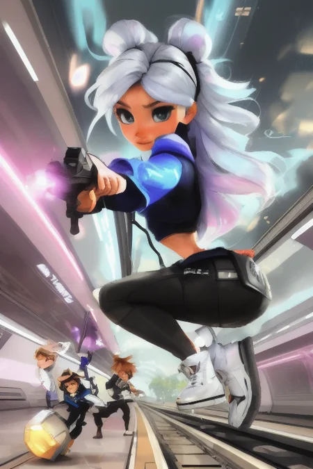 High detail color cartoon photograph of tristana from league of legends with a large gun, star guardian outfit, on the subway, messy hair, soft natural lighting, 8k photograph, shot on gopro, instagram selfie, smooth skin, sexy pose, tummy focus, film grain, pixar, crop top, navel, t shirt, cool jacket, sailor suit, sneakers, (thick thighs), gigantic ass, pretty face, blue eyes, ponytail, smooth tummy, art by wlop, art by final fantasy, art by kim possible, <lora:microwaist:1>, (hyperass:0.7), samdoesarts style