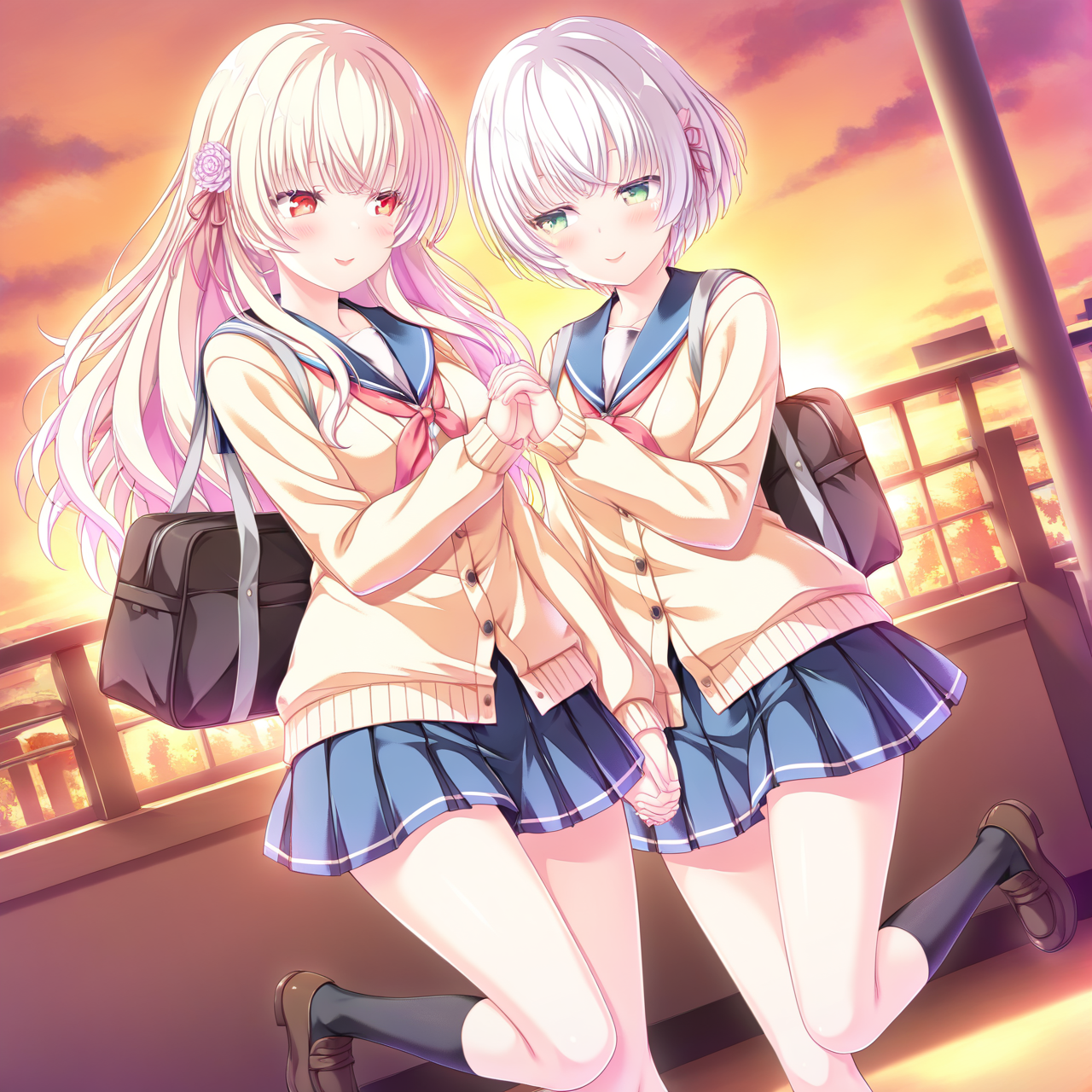 masterpiece,best quality,amazing quality,2girls, 
serika,white hair,short_hair, red_eyes, light_smile,school_uniform,
Hazuki,
long hair,blonde hair,green eyes,hair flower,hair ribbon,hair ornament,
sailor collar,yellow cardigan,blue pleated skirt,black socks,school bag,
standing on one leg，
holding hands,
