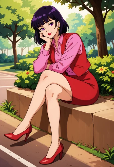 retro artstyle, solo, score_9,score_8_up,score_7_up,score_6_up,score_5_up,score_4_up, 1girl, female focus, mskas_vi0l3t, source_anime, 1990s \(style\), anime coloring, full body, sitting, crossed legs, park, day, trees, foliage, road, arm rest, hand on own cheek, medium hair, black hair, blunt bangs, purple eyes, red lipstick, red high heels, pink shirt, red skirt, pencil skirt, red vest, purple stud earrings, looking at viewer, parted lips, day, shoe dangle,