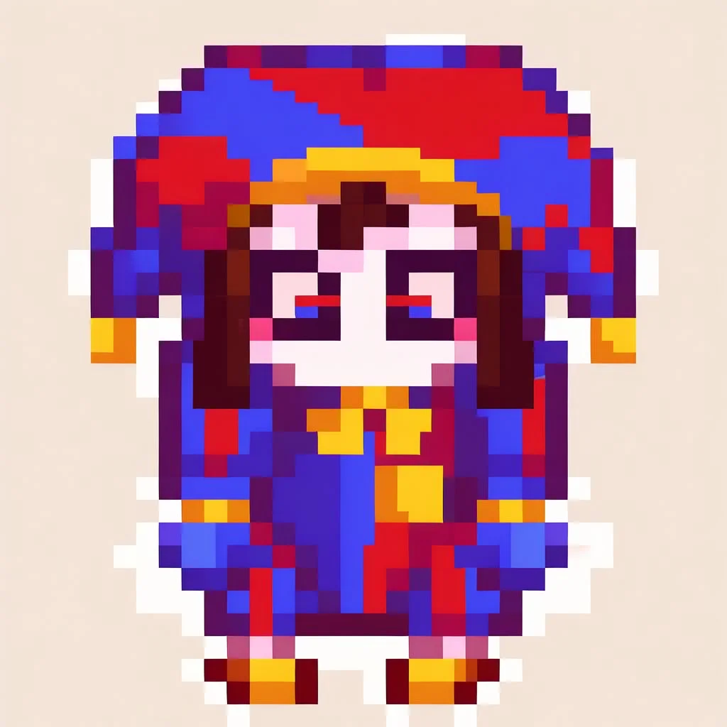 solo, pixel art, 16bit, front facing, full body, white background, simple background, 1girl, pomni,jester cap,blush stickers,