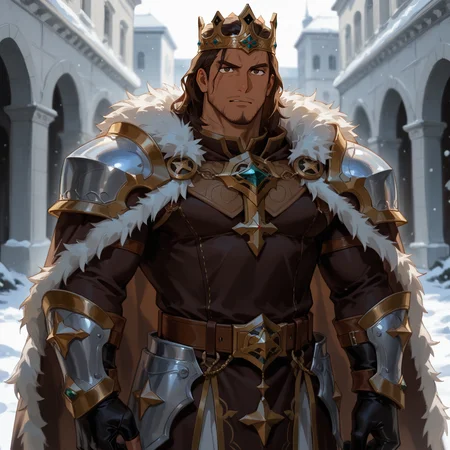 <lora:Wulf__The_Lord_of_the_Rings_The_War_of_the_Rohirrim-000008:.7>, Wulf, Wulf, Brown hair, brown eyes, dark skin, stubble, medium hair, Messy Tousled, scar on face, crown, brown capelet, fur-trimmed cape, Shoulder armor, arm armor, brown wrap skirt, brown leather belt,
(very short hair, beard, bara, mature, facial hair, stubble, beard, full beard, sideburn, beard, a lot of beard, ), facial hair,male focus, muscular male, muscular male, bara, mature,  bara, mature, aixiwuganda_(20222192), very awa, masterpiece, best quality, absurdres, newest, perfect quality, detailed background, intricate details,
<lora:slider_Body Type_alpha1.0_rank4_noxattn_last:3><lora:style_Anime Summer Days 2 Style SDXL_LoRA_Pony Diffusion V6 XL:.6><lora:slider_cfg_scale_boost:.7><lora:Artist6p:.55>, Artist6p, Artist04p,<lora:slider_il_brightness_slider_d1:-1><lora:slider_il_contrast_slider_d1:-1><lora:slider_DarkSlider1.2_alpha1.0_rank16_full_300steps:-.6>