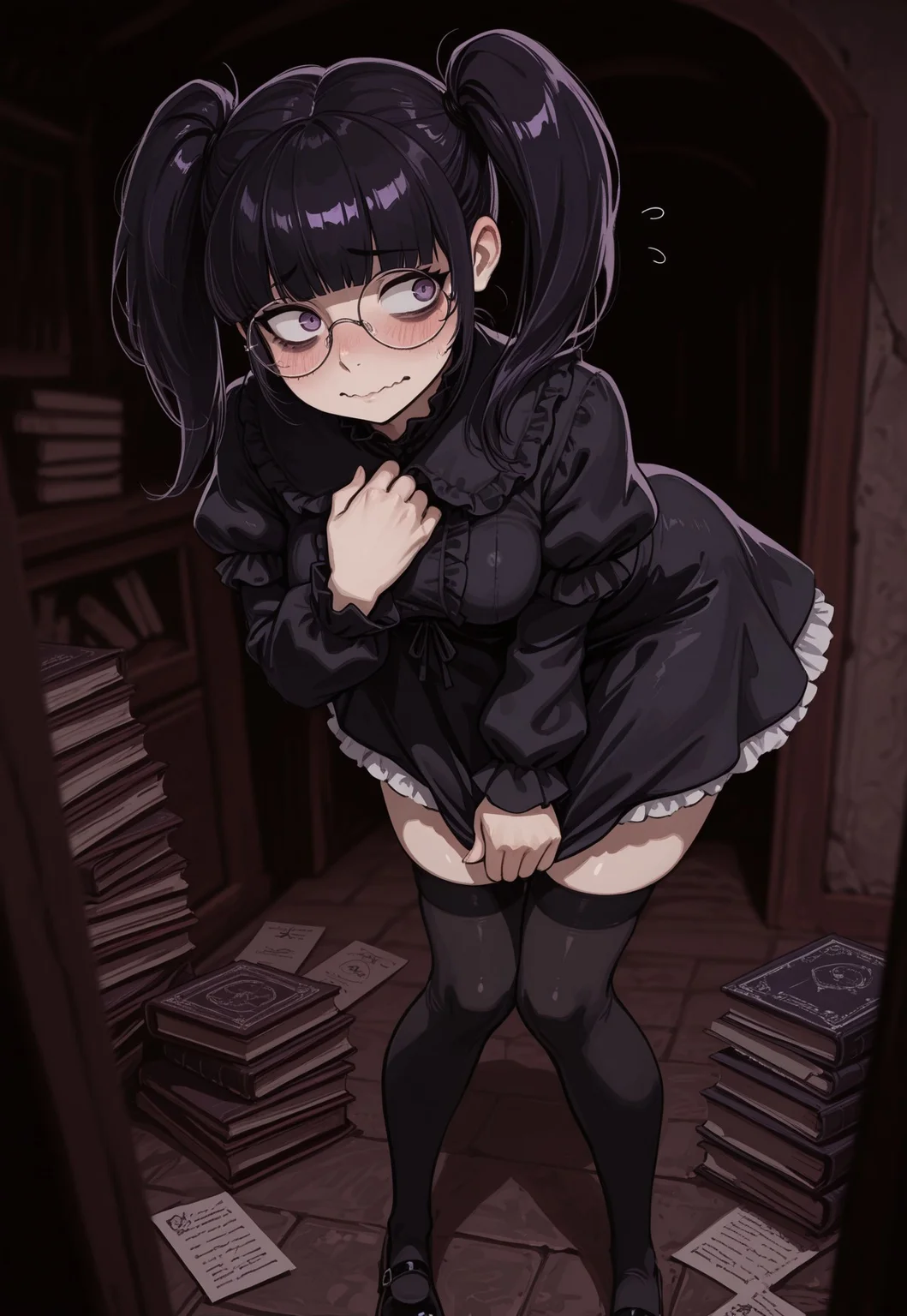 1girl, solo, blush, dark purple eyes, bags under eyes, constricted pupils, sideways glance, fearful, nervous, round glasses, upturn nose, black hair, glossy hair, glossy lips, wavy mouth, twintails, blunt bangs, gloomy, medium breasts, puritan collar, black dress, frilled blouse, miniskirt, petticoat, long sleeves, puffy sleeves, black thighhighs, mary janes, standing, knees together feet apart, hand to own chest, skirt tug, flying sweatdrops, upper body, hunched over, dilapidated house, gothic, book stack, envelope, dark, horror \(theme\), masterpiece, best quality, very aesthetic, absurdres, murky, depth of field, blurry, vignetting, chiaroscuro, hard shadows, low gamma, Expressiveh