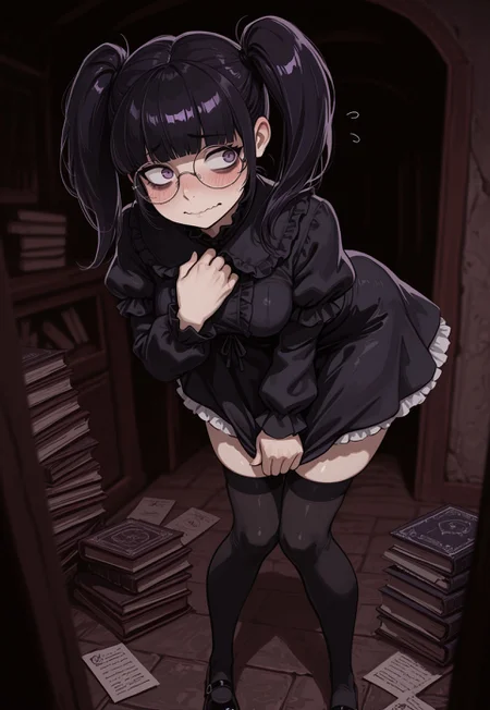 1girl, solo, blush, dark purple eyes, bags under eyes, constricted pupils, sideways glance, fearful, nervous, round glasses, upturn nose, black hair, glossy hair, glossy lips, wavy mouth, twintails, blunt bangs, gloomy, medium breasts, puritan collar, black dress, frilled blouse, miniskirt, petticoat, long sleeves, puffy sleeves, black thighhighs, mary janes, standing, knees together feet apart, hand to own chest, skirt tug, flying sweatdrops, upper body, hunched over, dilapidated house, gothic, book stack, envelope, dark, horror  \(theme\), masterpiece, best quality, very aesthetic, absurdres, murky, depth of field, blurry, vignetting, chiaroscuro, hard shadows, low gamma, Expressiveh