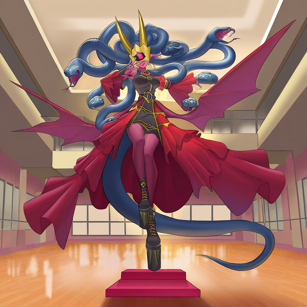 highres, best quality, masterpiece, very aesthetic, newest,1girl,solo,medusamon,snake hair,black snakes,golden horned mask,single eye,pointy ears,fangs artist:zutsuyaku <lora:MedusamonIllus:1> full body,dress,low wings,tail,platform footwear,standing on one foot,balancing,arms outstretched,balance beem,indoors,gymnasium