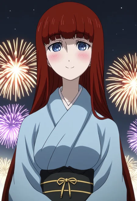 rating_safe, Ultra-high-detailed Anime illustration of Kagari Shiina from Anime Steins;Gate 0. 
The artwork features Kagari in a solo, full body, standing position with a outdoors, flield, and night background. night time. night. stars.
She is depicted with intricate details showcasing her large breasts, natural_breasts. She is a white skinned, 22 years old woman. Kagari is looking_at_viewer with perfect_eyes, Her pupils are highly detailed. The eyes are open. blue eyes. Kagari's eyes are highlighted. Highlighted eyevrows. 
She has long hair, red colored hair, styled in blunt bangs and floating hair.
She is wearing a blue kimono and black shoes. japanese kimono, kimono.
The artistic style is intricate_details_xl with a focus on Anime art. The color palette emphasizes red and black with detailed strokes to bring out the character's features. The lighting creates dramatic shadows and highlights, adding depth to the artwork. The perspective is from a face focus, dutch angle to enhance the impact of the character's expression. This masterpiece is a true portrayal of Kagari's complex personality and will captivate any fan of Kagari. uncensored, upper body, blushing, smile, Kagari Shiina,
perfecteyes,
<lora:Steins_Gate:1>
kimono
happy new year!, Happy New Year fireworks, Happy New Years, golden colored fireworks