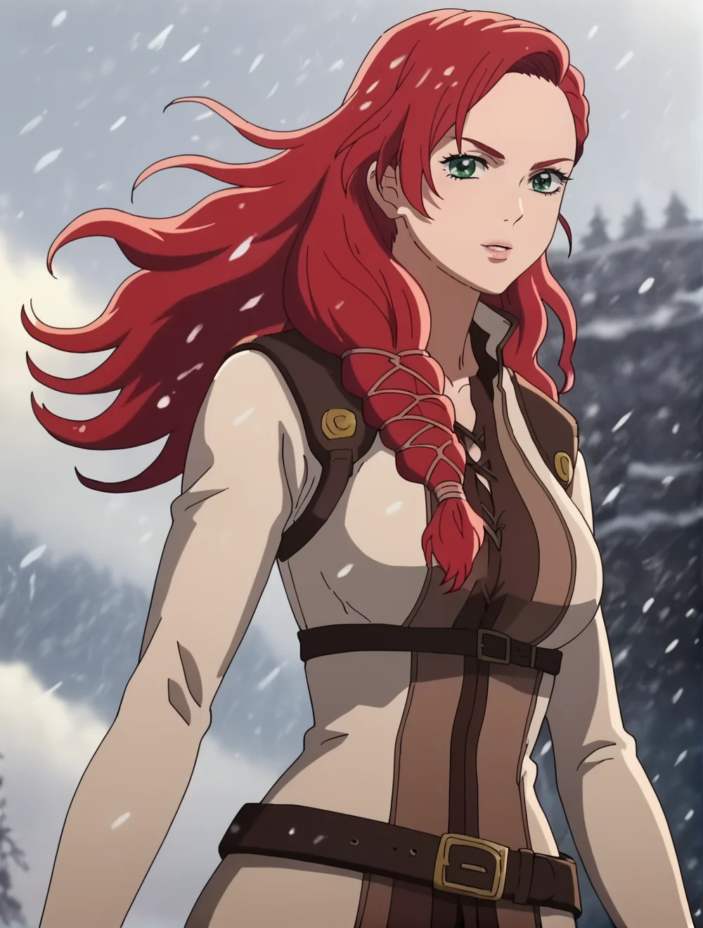 score_9, score_8_up, score_7_up, (anime coloring), anime screencap, clean outlines, <lora:HeraLOTR:1>, HeraLOTR, red hair, long hair, solo, (uniform), breasts, belt, long sleeves, green eyes, looking at viewer, detailed background, realistic background, godrays, depth of field, shadows, snowing, hips, angle