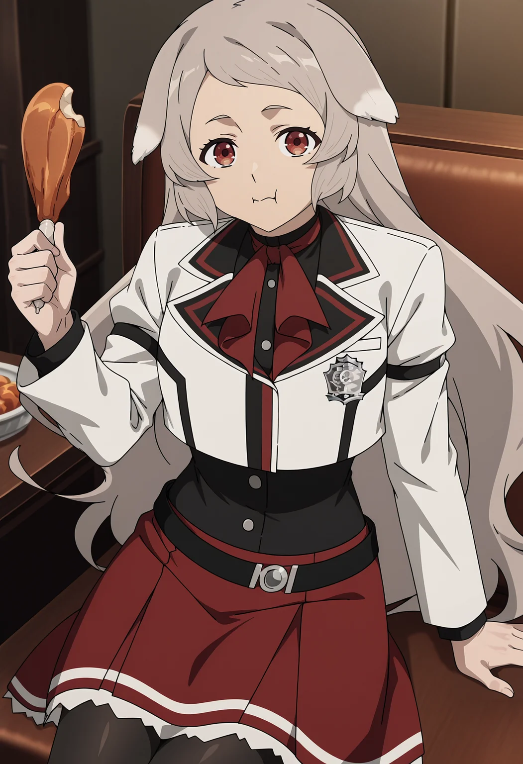 <lora:Pursena Adoldia_illustrious-000048:1>,
Pursena Adoldia,solo,food,pantyhose,sitting,skirt,red skirt,holding food,holding,black pantyhose,long sleeves,eating,white jacket,looking at viewer,jacket,dog ears,shirt,red ascot,cropped jacket,closed mouth,black shirt,anime screencap