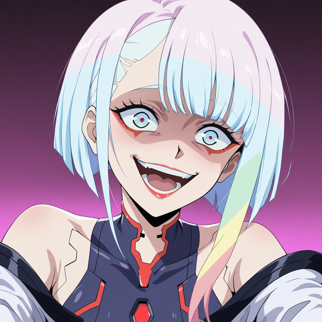 masterpiece, best quality, newest, absurdres, highres, vintage anime, 90s anime, YE/T-V1.0, YE-V1.0, yandere expression, crazy, crazy eyes, crazy smile, yandere, 1girl, lucy /(cyberpunk/), white hair, bob cut, asian, asian female, bangs, red eyeliner, off-shoulder jacket, short hair,