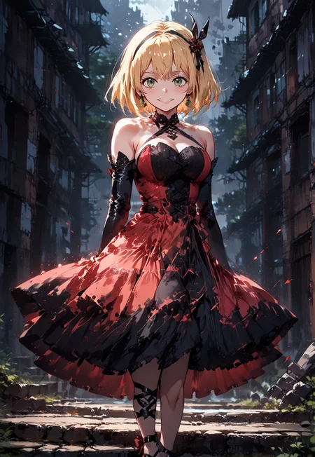 safe_pos, score_9, score_8_up, score_7_up, source_anime, moriyamashiemi, shiemi, blonde hair, short hair, blunt bangs, green eyes,smile,
medium breasts, hair ornament,
ShinyStyle,
(two colored dress, black dress. red dress)
SteelLadyNanaseDress, frilled dress, criss-cross halter, (crosslace corset), thigh straps, black elbow gloves, glossy gloves, red highheels, red bow, black bow, bare shoulders
