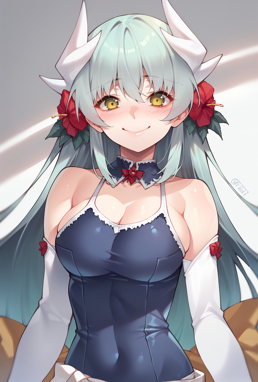 score_9,score_8_up,score_7_up,score_6_up,score_5_up,score_4_up, source_anime,  <lora:kiyohime_(lancer)_XL_1:1>  bbkiyo, long hair, aqua hair, white horns, hair flower, yellow eyes, detached collar, cleavage, school swimsuit, blue one-piece swimsuit, elbow gloves, white gloves, sash, blush, smile, red flower <lora:jjune-Style-PonyXL-Dora-000019:1>
